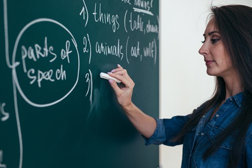 teacher at blackboard